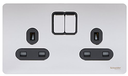 Schneider Electric GU3420BPC Ultimate Screwless Flat Plate, Polished Chrome with Black Insert, Double Switched Power Socket, 13 A