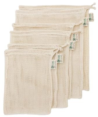 Simple Ecology Reusable Organic Cotton Mesh Grocery Shopping Produce Bags - Set of 6 (2 ea. S, M, L) (Heavy Duty, Washable, Produce Saver Bags, Food Storage, Bulk bin, Tare Weight tag, Drawstring)