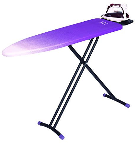 Jata TP500 - Tabla de Planchar Plegable, Medida 116 x 35 cm, Estructura Termocalada, Funda 100% Algodón, Reposa Planchas, Varias Alturas, Fabricación europea, Morada y Blanco