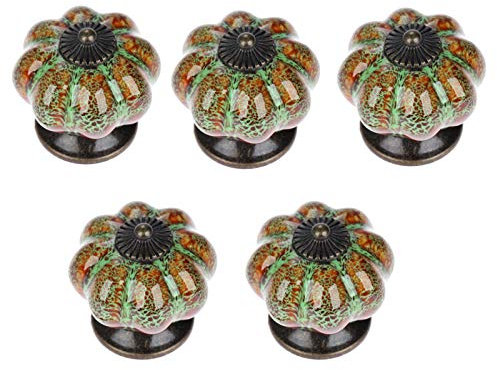 Mgoodoo 5pcs Antique Pumpkin Ceramic Door Knob for Cabinets Cupboard Dresser Drawers Kitchen Furniture Handles Pulls Leopard Green