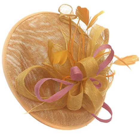 Caprilite Gold Mustard and Dusty Pink Sinamay Big Disc Saucer Fascinator Hat for Women Weddings Headband