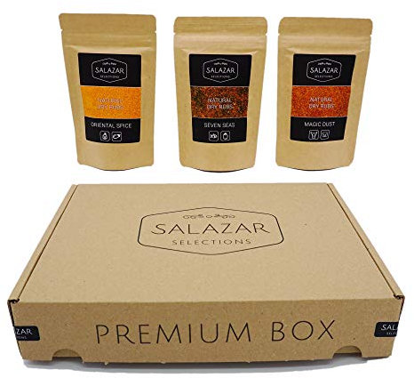 Salazar Dry Rubs Premium Box | 3 verschiedene BBQ Rub Grillgewürze | 275g | Würzmischungen für Marinade von Spare Ribs, Hähnchen, Fisch | Geschenkbox