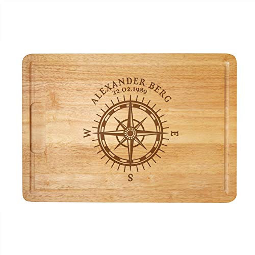 Casa Vivente Tagliere da Cucina in Legno con Incisione Personalizzata con Nome e Data, Motivo Bussola, Accessori Cucina Multiuso, Idee Regalo Originali Compleanno