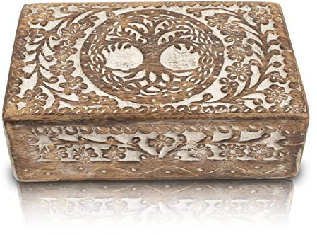 Tolles Geburtstagsgeschenke Handgemachte dekorative hölzerne Schmuckkasten Baum des Lebens Carving Schmuck Organizer Andenkenkasten Schatztruhe Schmuckstück Halter Aufbewahrung Schloss Box (White)