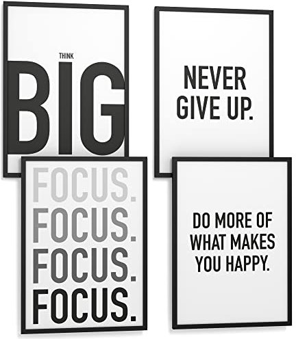 Papierschmiede® Premium Spruchbilder Set 4er mit Rahmen, DIN A3 fertig gerahmt (Material und Farbe wählbar) Motiv: Think Big, Poster Bilder Set mit Sprüchen, Typografie Wohnzimmer