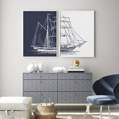 dsdsgog Nordic Segeln Poster Nautik Boot Leinwand Malerei Wand Kunstdruck Schiff Navy Kunstwerk Wohnzimmer Bild Home Wall Decor 40x60cmx2 Rahmenlos
