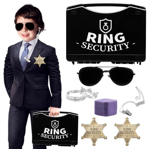 Huwane Ring Security Hochzeits-Set – 2 Metallabzeichen, akustische Hörmuschel, Träger-Sonnenbrille, Ringbox mit 2 Ringen