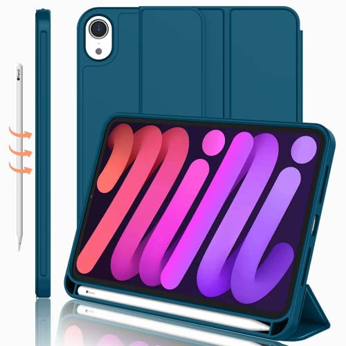 iMieet Schutzhülle für iPad mini 6 (20.3 cm (8.3 Zoll), Modell 2021), iPad mini 6. Generation mit Stifthalter, Trifold Stand Smart Case mit weicher TPU-Rückseite, Blaugrün