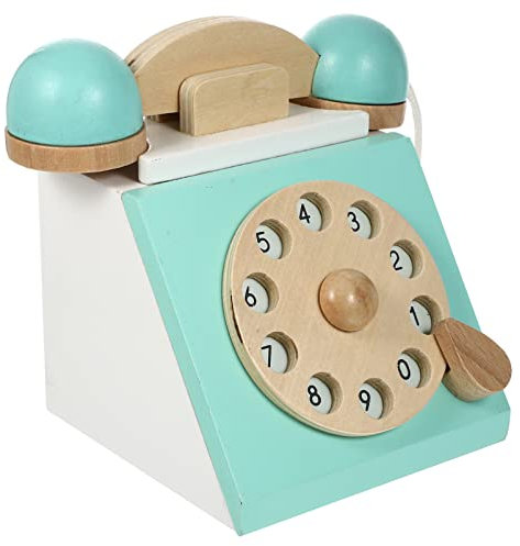 TOYANDONA Wooden Landline Telephone Toy Children Play House Antique Dial Telephone Toy for Toddlers Pretend Phones, Blue, Medium