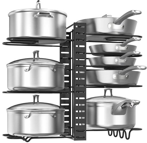 Housolution Pan Organiser for Kitchen Cupboard, Pot and Pan Stand Rack with 8 Adjustable Non-slip Dividers, Saucepan Storage Organiser Rack with 2 DIY Methods