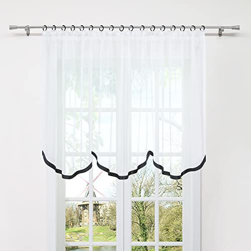 HongYa Gardine Store mit Kräuselband Transparenter Voile Bogenstore Blumenfenster Küche Vorhang mit Satinband H/B 140/300 cm Schwarz