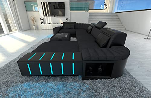 Sofa Bellagio U Form Stoffsofa Wohnlandschaft - mit LED Beleuchtung, verstellbare Kopfstützen, Recamiere/Mikrofaser/Ausrichtung wählbar (Ottomane rechts, Dunkelgrau-Schwarz C91)