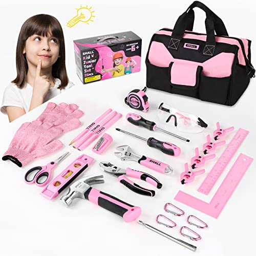 SHALL 26-Piece Kids Size Tool Set, Pink Real Tools for Kids with 12 Tool Bag, Safety Certified Children Learning Tool Kit with Hand Tools for Boys & Girls Age 6+, DIY Building, Woodwork, Construction