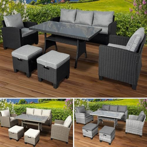 BRAST® Gartenmöbel Set Delight | bis zu 7 Personen viele Farben | incl. extra Dicke Kissen | TÜV geprüft | Outdoor Loungemöbel Sitzgruppe Essgruppe Garnitur | Schwarz/Grau