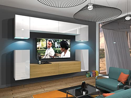 Furnitech Wohnwand Wohnzimmer | Hängend Wohnwand Modern | Wohnzimmer Schrankwand mit Regale und TV Schrank | Wohnzimmer Möbel ohne LED (Rodos AN43-17WD-HGM50 1B)