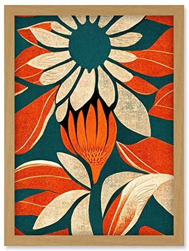 Doppelganger33 LTD Flower Design Teal Orange Abstract Linocut Artwork Framed Wall Art Print A4