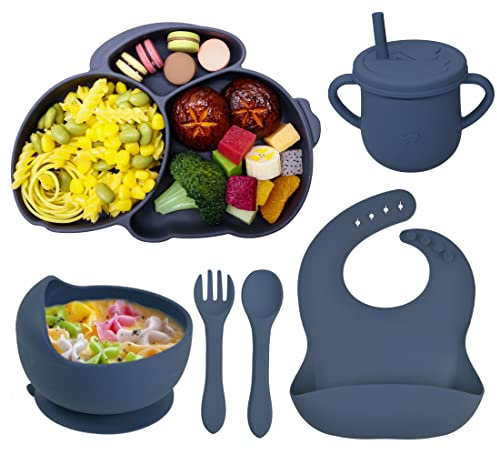 Baogaier Vajilla Bebé Silicona con Plato Ventosa Cuenco y Taza con Paja Cuchara Tenedor Babero, 6 Piezas Antideslizante Sin BPA Antivuelco Cubiertos Set Aprendizaje para Infantil Niños, Azul Conejo