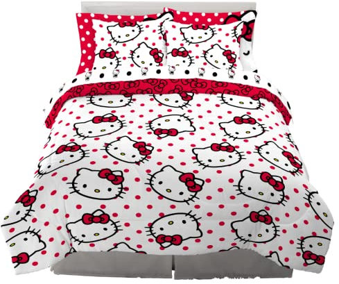 Franco Sanrio Hello Kitty Bettwäsche-Set mit Punkten, 7-teilig, superweiches Bettdecken- und Bettlaken-Set mit Kissenbezug, Queen-Size-Bett (100% offizielles Lizenzprodukt) Sammlerstücke