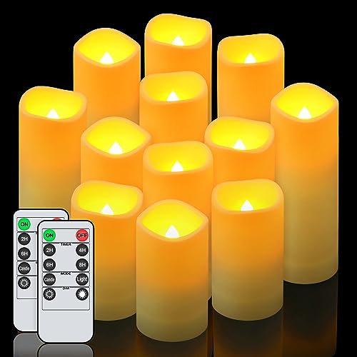 Rocorose LED Flameless Flickering Candles, Battery Operated Votive With Remote, Pillar Waterproof Electric Fake, Realistic Warm Tea Light for Halloween Christmas Decor, 12 Pack, Ivory