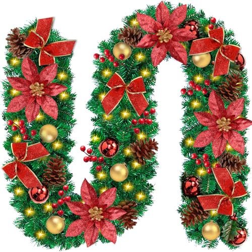DONGQI Weihnachtsgirlande mit Beleuchtung, 270 cm 50 LED warmweiß Weihnachtsgirlande Tannengirlande Künstlich Weihnachtsdeko Girlande für Inneneinrichtung Kamine Treppen Wand Tür
