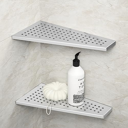 Bernkot 10 Corner Shower Shelves, Brushed 304 Stainless Steel Recessed Shelf for Bathroom & Kitchen, Bathroom Shelf Grout in Shelf for Tiled Wall, 2 Pack