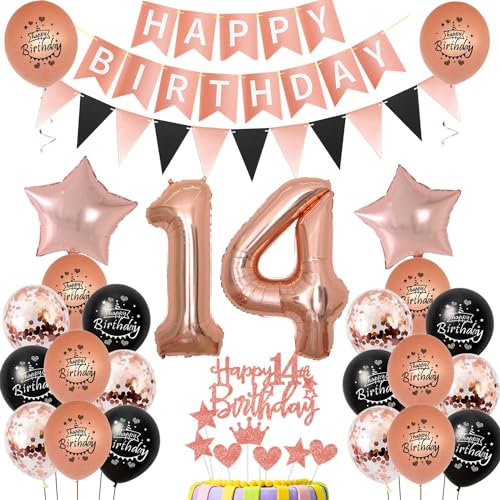Décoration Anniversaire 14 Ans Fille - Ballons Rose Gold et Noir, Décoration Gâteau