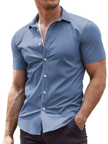 COOFANDY Men's Short Sleeve Dress Shirts Non Iron Formal Shirts Stretch Business Casual Shirt Iron Free Work Shirt Office Slim Fit Denim Blue XXL