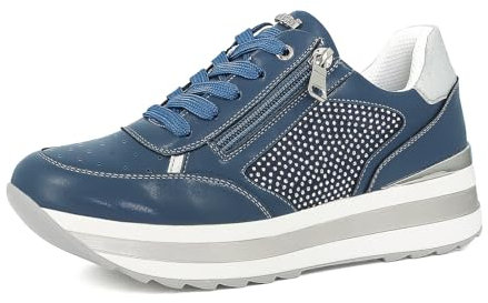 inblu Sneakers Donna in Ecopelle con Brillantini e Suola Bicolore, Scarpe da Ginnastica con Lacci e Cerniera, dal 35 al 41, Blu, 40 EU