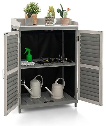 GOPLUS Gartenschrank Holz, Holzschrank mit Metalltischplatte & 2 Ablagen, Geräteschrank Gartenschuppen mit Belüftungstür, für Garten & Hinterhof, 67 x 47 x 100 cm
