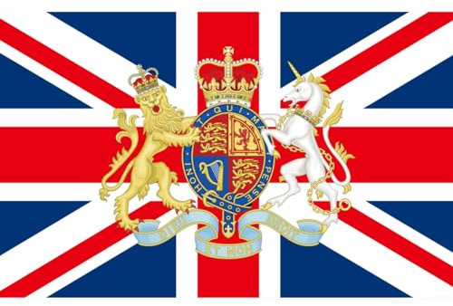 Tribute to the Queen of England, Union Jack Flag - Bandiera britannica 1,5 x 0,9 m con occhielli - Grande bandiera del Regno Unito, con stemma reale