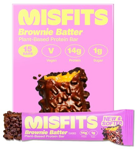 Misfits Vegan Protein Bars, Brownie Batter - Updated Recipe | Low Sugar & Carb, High Fibre Snacks | Pack of 15