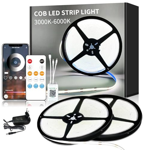 Yeewhale COB LED Strip 6000K Weiß,App Steuerung mit Fernbedienung 30m Dimmable 24 V Flexible COB led streifen Set Bright Under-Unit Led Light for Home Party DIY Decoration