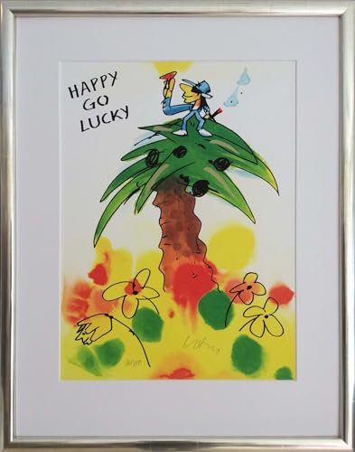 Kunstverlag Christoph Falk Happy go Lucky (Passepartout) - Udo Lindenberg Bild - handsignierte Auflage original Grafik im silberfarbenem Rahmen hinter Museumsglas. Likörell. Siebdruck.