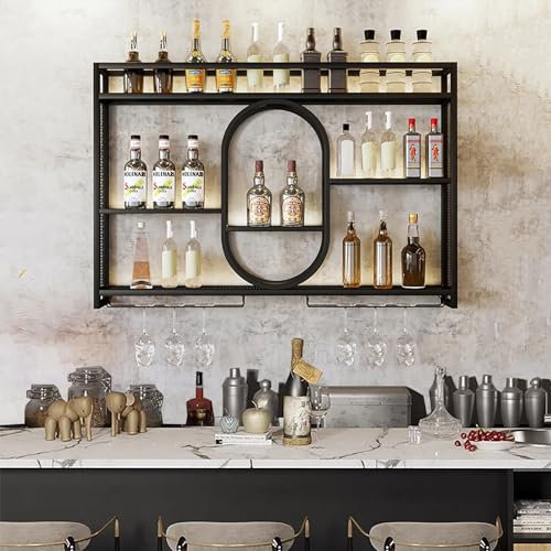 Metall Weinregal Zur Wandmontage Mit Glashalter,Wand Flaschenhalter Mit LED-Beleuchtung,Weinregal Für Die Bar,Küchenregal Hängend,Flaschenregal,Weinregale Für Küche,Bar,Weinkeller,Wohnzimmer(Black,100