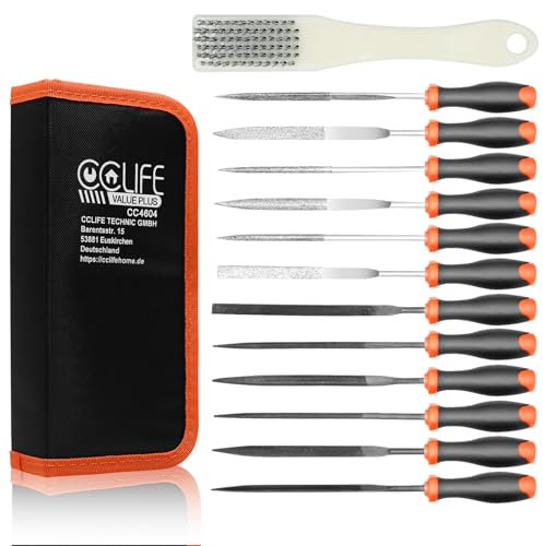 CCLIFE Limas de Aguja Juego de 13 piezas, Limas de metal pequeñas, incluye 6 limas de aguja de diamante, 6 limas de aguja de acero al carbono y cepillo de limpieza