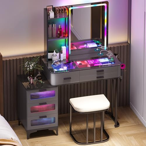 Gurexl LED Schminktisch mit Spiegel, RGB Schminktisch mit Hocker Beleuchtung Schubladen Glasplatte 6 Schubladen, Haartrocknerständer USB Type-C Grau
