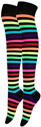 Alanna Jones Women Ladies Girls Stripe Cotton Rich Over the Knee High Socks Stripe Thigh Socks Leg Warmer for Casual Daily Wear UK Size 4-6.5 (Black Rainbow)