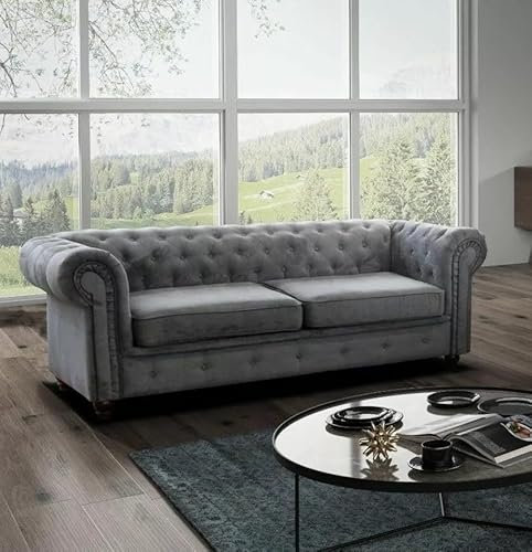 Easy4You Chesterfield Dunkelgrau Velvet 3-Sitzer Sofa 225x74x88 cm Sofas für Wohnzimmer Sofagarnituren mit Holzfüße Set Sofas & Couches