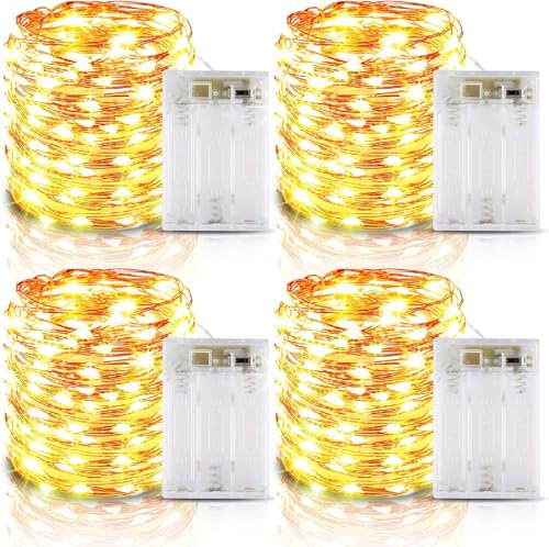 Lichterkette Batterie Timer, 4er 6M 60 LED Lichterkette mit Batterie, IP65 Wasserdichte Kupferdraht Lichterketten mit Timer für Zimmer Party Weihnachten Weihnachtsbaum Halloween Hochzeit (Warmweiß)