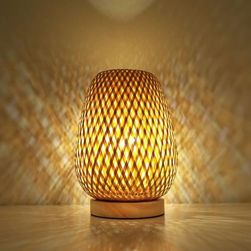 LOGT Vintage Tischlampe Rattan Naturale Bambus und Holz Innen Tischleuchte USB Ladeanschluss mit Fernbedienung Nachttischlampe Dimmbar und Timer Nachtlicht 3 Farbtemperatur für Wohnzimmer