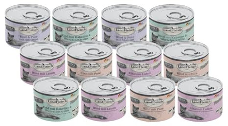 Landfleisch Cat Pastete – 12 x 195g | Getreidefreies Katzen Nassfutter | 4-Sorten-Mix | Hoher Fleischanteil | Mit Taurin, Vitaminen & Zink | Ohne Soja & künstliche Zusatzstoffe