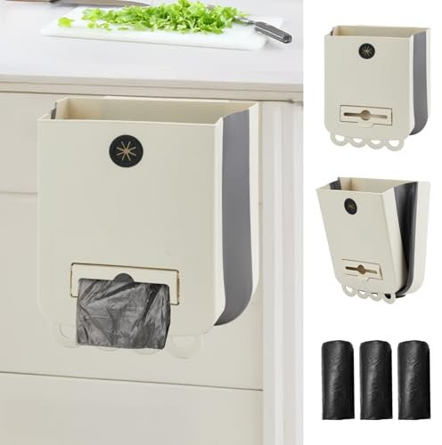 Jiayaus Papelera de Cocina Plegable 12L, Papelera de Pared con 3 Bolsas de Basura, Papelera de Plástico para Armario, Dormitorio, Baño, Oficina (Beige)