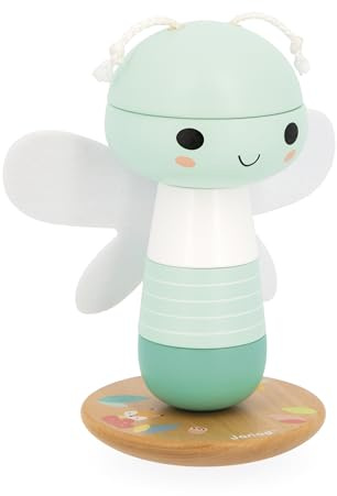 Janod - Stackable Wooden Culbuto Libélulle - Wooden Early Learning Toy - 5 Stacking Pieces with Felt Wings - Stacking Tower - Moving Base - Baby Toy From 1 year - J05144