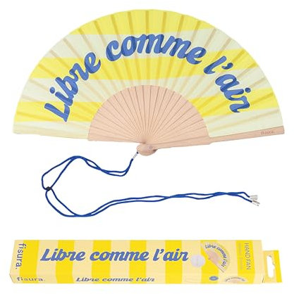 Fisura – Original Folding Handheld Fan with Fun Message libre comme l'air, Wooden Folding Fan for women, Stripes Design with Hanger for Wedding, rave, festival - Size: 42.5 x 23 cm
