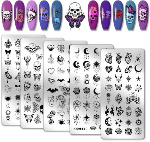 PH PandaHall 5pcs Schädel Nagel Stamping Plates Gothic Styles Nägel Kunst Schablonen Mondstern Maniküre Kunst Schablonen Schmetterling Blume Druck Nagelschablonen für Frauen Maniküre Designs 12x6cm