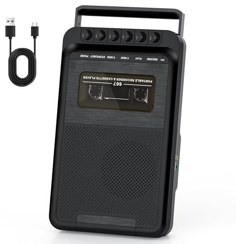 Portable Cassette Player, Cassette Tape Recorder via Bluit-in Microphone, Supports External Microphone Input, Cassette Tape Player Recorder with Retractable Handle,Headphone Jack,Big Speaker