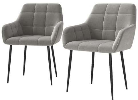 Eccellensedie Lot de 2 chaises de salle à manger, cuisine, modernes, confortables, rembourrées, en velours, avec accoudoirs et pieds en métal, gris