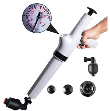 Qcesorib Toilet Plunger with Real Time Barometer, High Pressure Toilet Plunger Set with 4 Replaceable Heads, Air Pressure Drain Pump Pipe Dredge Tools, for Bathtub, Drain, Kitchen Clogged