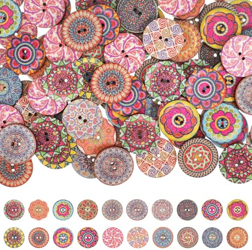 Classicseali 200 Stück Bunte Holzknöpf, Knöpfe Holz 20mm, Knöpfe für Strickjacke, Kleidung, DIY Basteln, Dekorationen, Nähen, Handwerk, Geometrishes Muster Kinderknöpfe