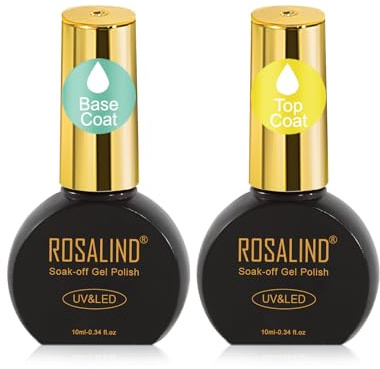 ROSALIND Base Coat Top Coat UV Nagellack Set, 2 Stück 10ml Gel Nagellack Unterlack und Überlack, Soak-Off UV LED Top Coat Base Coat für Gelnägel Nail Art Maniküre Set